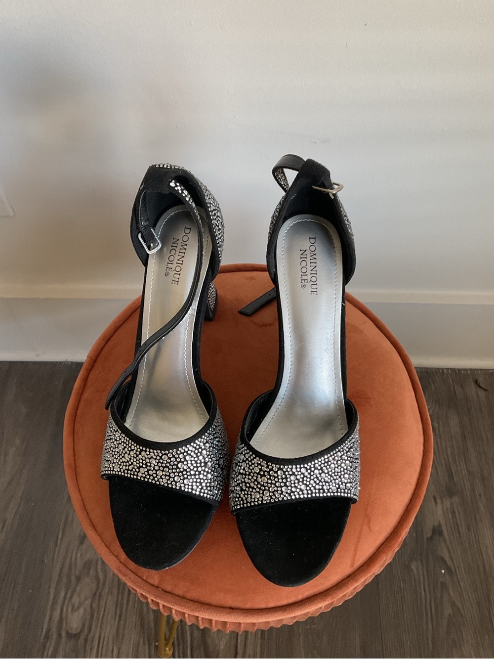 Dominique Black and Silver Open-Toe Ankle-Strap Heels